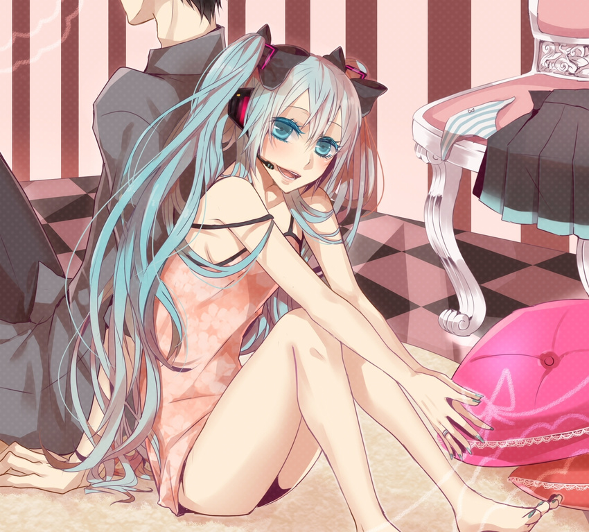 aqua_eyes aqua_hair back-to-back barefoot bow checkered checkered_floor cushion hair_bow hatsune_miku headset highres jewelry legs long_hair nail_polish open_mouth ring shimatani_(ayumei) sitting solo strap_slip twintails very_long_hair vocaloid