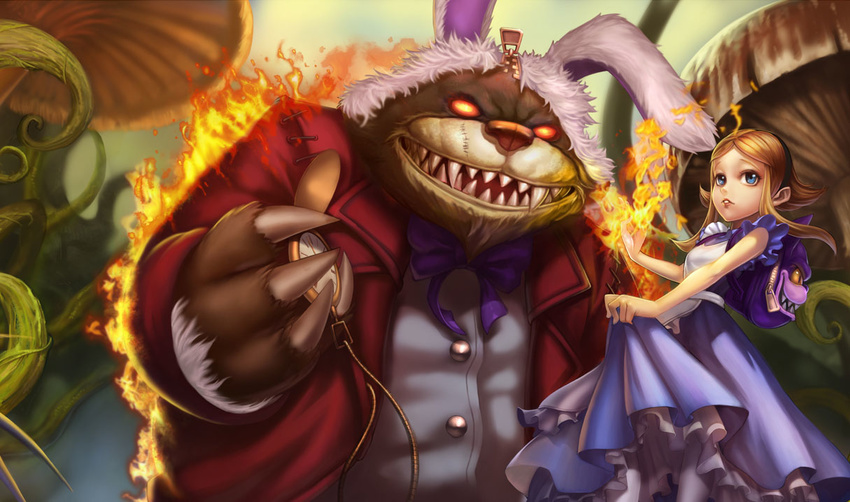 alice_in_wonderland alternate_costume animal_backpack animal_ears annie_hastur annie_in_wonderland apron backpack bag bangs blazer blonde_hair blue_eyes bow bowtie breasts bunny_ears buttons chain claws dress dress_lift fire flipped_hair frilled_apron frills fur glowing glowing_eyes hairband holding jacket league_of_legends looking_at_viewer mushroom official_art outdoors oversized_object pantyhose parody parted_bangs parted_lips petticoat plant pocket_watch red_eyes sharp_teeth short_hair_with_long_locks sidelocks size_difference small_breasts standing stitches stuffed_animal stuffed_toy swept_bangs teddy_bear teeth tibbers vines watch white_apron white_legwear zipper