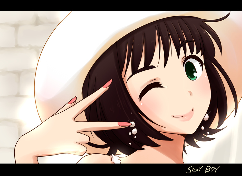 amami_haruka brown_hair earrings face green_eyes hands hat highres idolmaster idolmaster_(classic) jewelry lips maiko_(yoshida308) morning_musume nail_polish one_eye_closed short_hair smile solo v