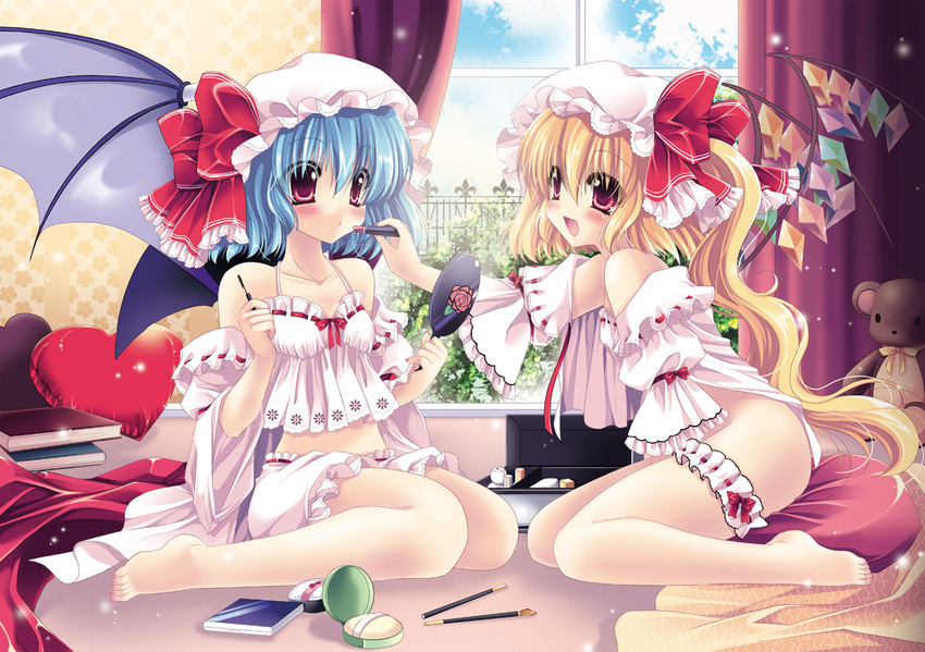 applying_makeup bare_shoulders barefoot bat_wings blonde_hair bloomers blue_hair blush book flandre_scarlet hand_mirror hat heart kneeling leg_garter lips lipstick_tube long_hair makeup mascara mascara_wand mirror multiple_girls no_panties off_shoulder pillow ponytail red_eyes remilia_scarlet sakurano_tsuyu siblings side_ponytail sisters stuffed_animal stuffed_toy teddy_bear touhou underwear very_long_hair window wings