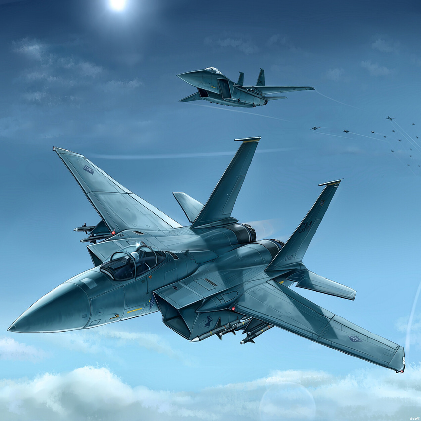 ace_combat_6 afterburner aim-120_amraam aim-9_sidewinder aircraft airplane blue_sky cloud condensation_trail day f-15_eagle fighter_jet flying garuda_1 helmet highres jet kcme marcus_lampert military military_vehicle missile no_humans pilot pilot_suit realistic sky sun