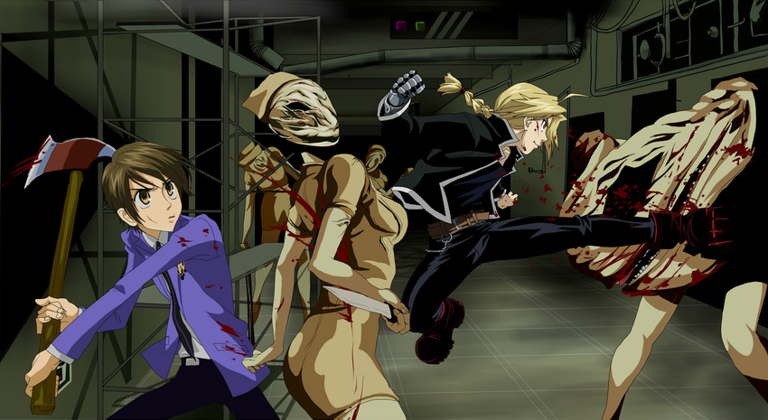 1girl androgynous automail axe bad_id bad_pixiv_id blonde_hair braid brown_eyes brown_hair bubble_head_nurse creator_connection crossover edward_elric fujioka_haruhi fullmetal_alchemist highres izayae kicking long_hair mechanical_arm monster multiple_crossover ouran_high_school_host_club parody reverse_trap schism school_uniform short_hair silent_hill silent_hill:_homecoming weapon zombie