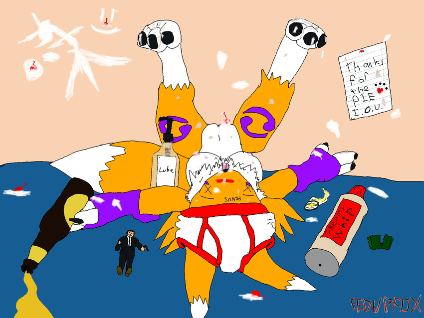 alcohol beer beverage bottle breasts canine cherry chest_tuft condom cream digimon drunk fedupfox female fox fur hi_res hindpaw lube mammal ms_paint nipples note passed_out paws pie pussy renamon spill tuft underwear upside_down