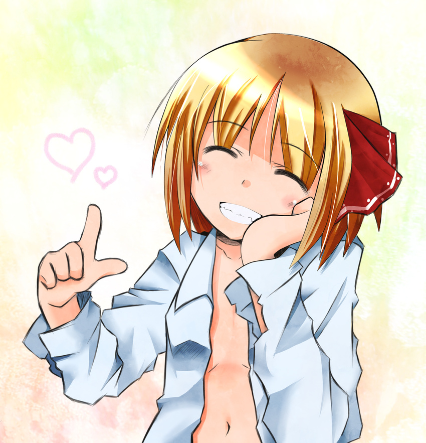 closed_eyes flat_chest grin heart highres looking_at_viewer navel open_clothes open_shirt rumia sachou shirt smile solo touhou upper_body