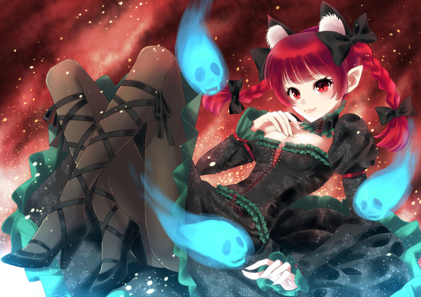 adapted_costume animal_ears bad_id bad_pixiv_id braid breasts cat_ears cleavage cross-laced_footwear extra_ears high_heels highres kaenbyou_rin lace-up_heels leg_ribbon medium_breasts nunucco pantyhose red_eyes red_hair ribbon shoes short_hair solo touhou twin_braids twintails