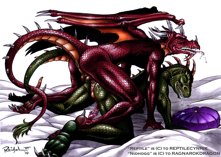 anal anal_penetration anus balls bed butt claws couple cum cum_inside cumshot dragon erection eyes_closed fangs gay green hindpaw horns lizard male moan nidhogg_(character) nude orgasm penetration penis pillow raised_tail red reichel reptile reptile_(character) reptilecynrik reptilian saliva salviate scalie sex spikes spread_legs spreading tail tongue wings