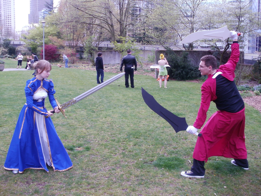 3boys absurdres archer artoria_pendragon_(all) blonde_hair cosplay fate/stay_night fate_(series) highres multiple_boys multiple_girls photo saber sword tinker_bell_(disney) weapon