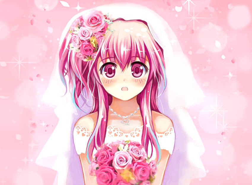 angel_beats! bouquet dress flower long_hair pink_eyes pink_flower pink_hair pink_rose rose shiawase_usagi side_ponytail solo veil wedding_dress yui_(angel_beats!)
