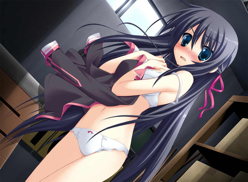 black_hair blue_eyes blush bra game_cg kanou_kayoko koiiro_soramoyou long_hair panties ruchie underwear