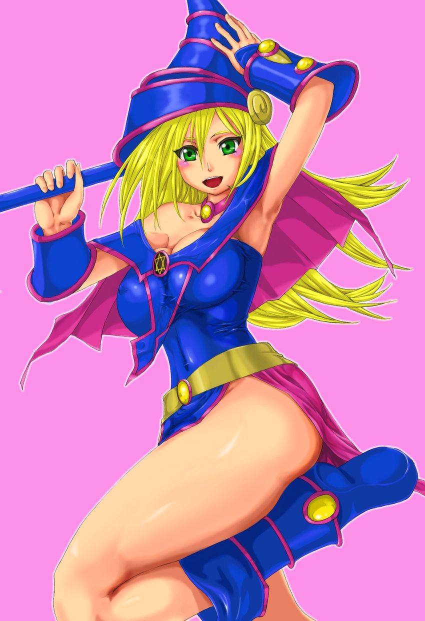 blush breasts cleavage dark_magician_girl duel_monster highres smile staff weapon yu-gi-oh! yuu-gi-ou_duel_monsters