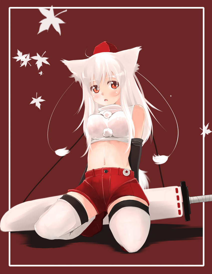 alternate_hair_length alternate_hairstyle animal_ears breasts crop_top hat highres impossible_clothes impossible_shirt inubashiri_momiji long_hair medium_breasts meneru midriff navel red_eyes shirt shorts solo sword tail thighhighs tokin_hat touhou weapon white_hair white_legwear wolf_ears wolf_tail