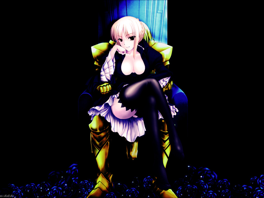 blonde_hair cleavage fate/stay_night gilgamesh saber thighhighs