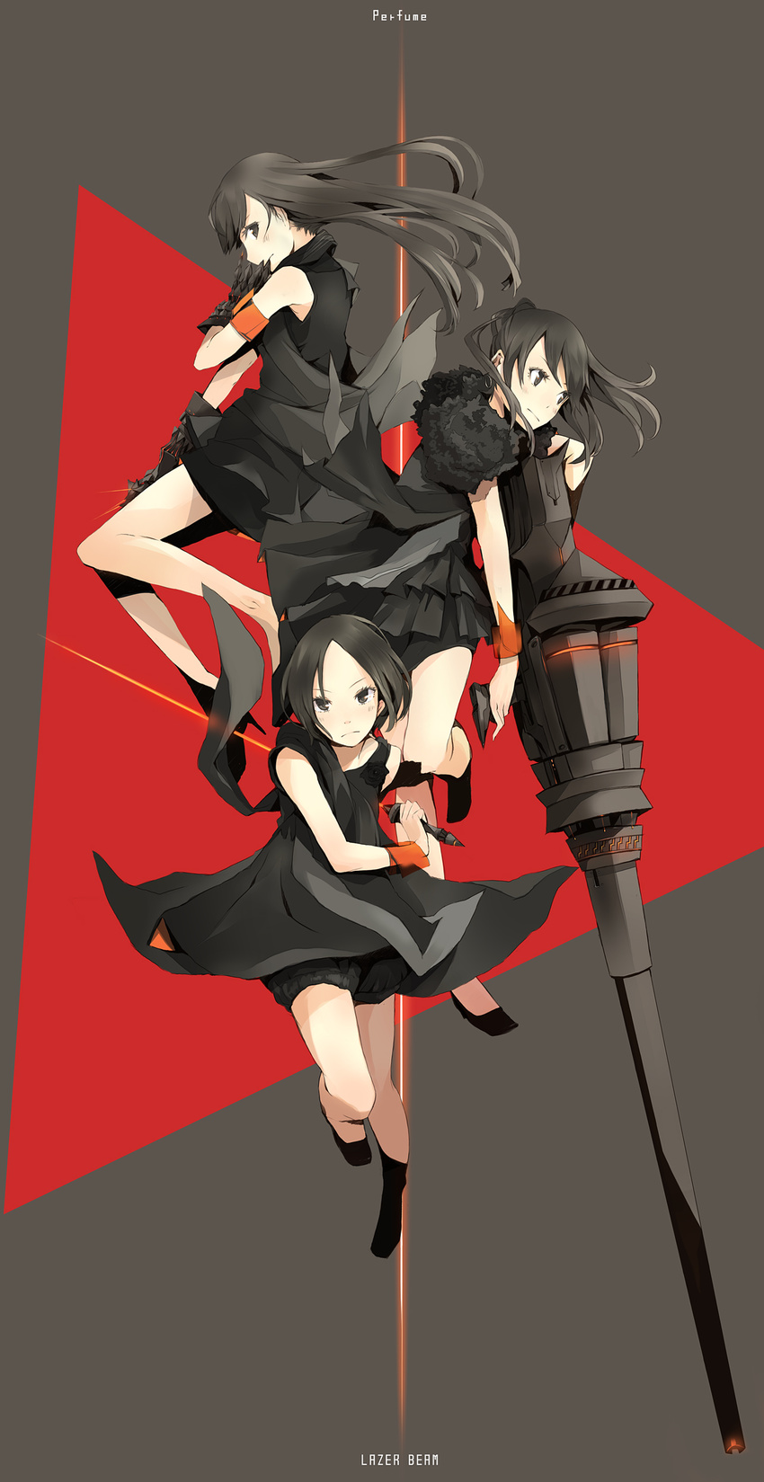 absurdres armband a~chan bad_id bad_pixiv_id bangs black_dress black_eyes black_gloves black_hair brown_eyes brown_hair dress energy_sword frown fur_collar gloves group_name gun highres kashiyuka laser long_hair multiple_girls nocchi_(perfume) perfume ponytail short_hair song_name sword weapon wristband yoshito