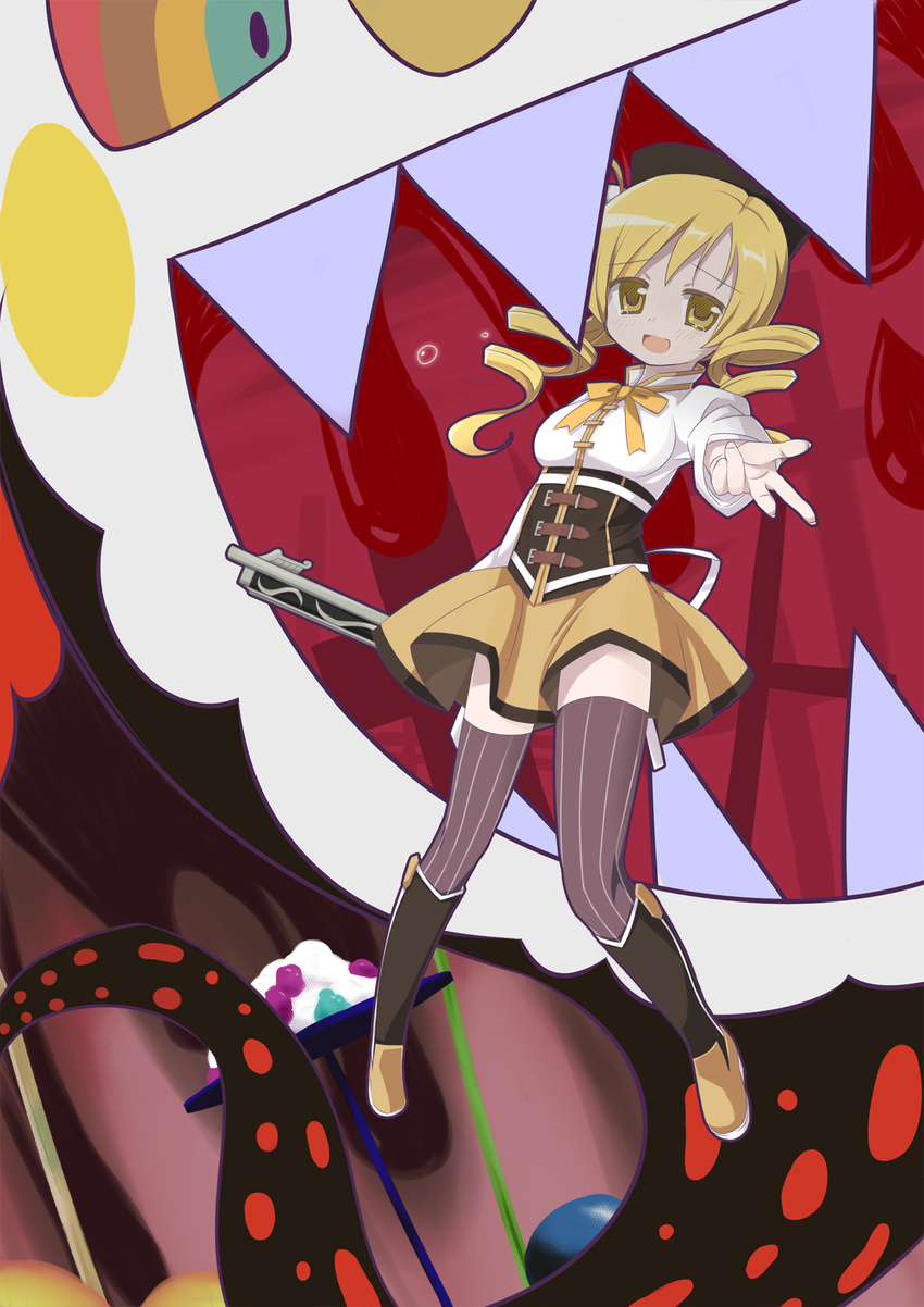 beret blonde_hair blood boots breasts brown_legwear charlotte_(madoka_magica) corset detached_sleeves drill_hair gun hat highres magical_girl magical_musket mahou_shoujo_madoka_magica mami_mogu_mogu medium_breasts monster open_mouth outstretched_hand pleated_skirt ribbon rifle sharp_teeth shirt silver15 skirt smile spoilers striped striped_legwear taut_clothes taut_shirt tears teeth thighhighs tomoe_mami twin_drills twintails vertical-striped_legwear vertical_stripes weapon yellow_eyes zettai_ryouiki