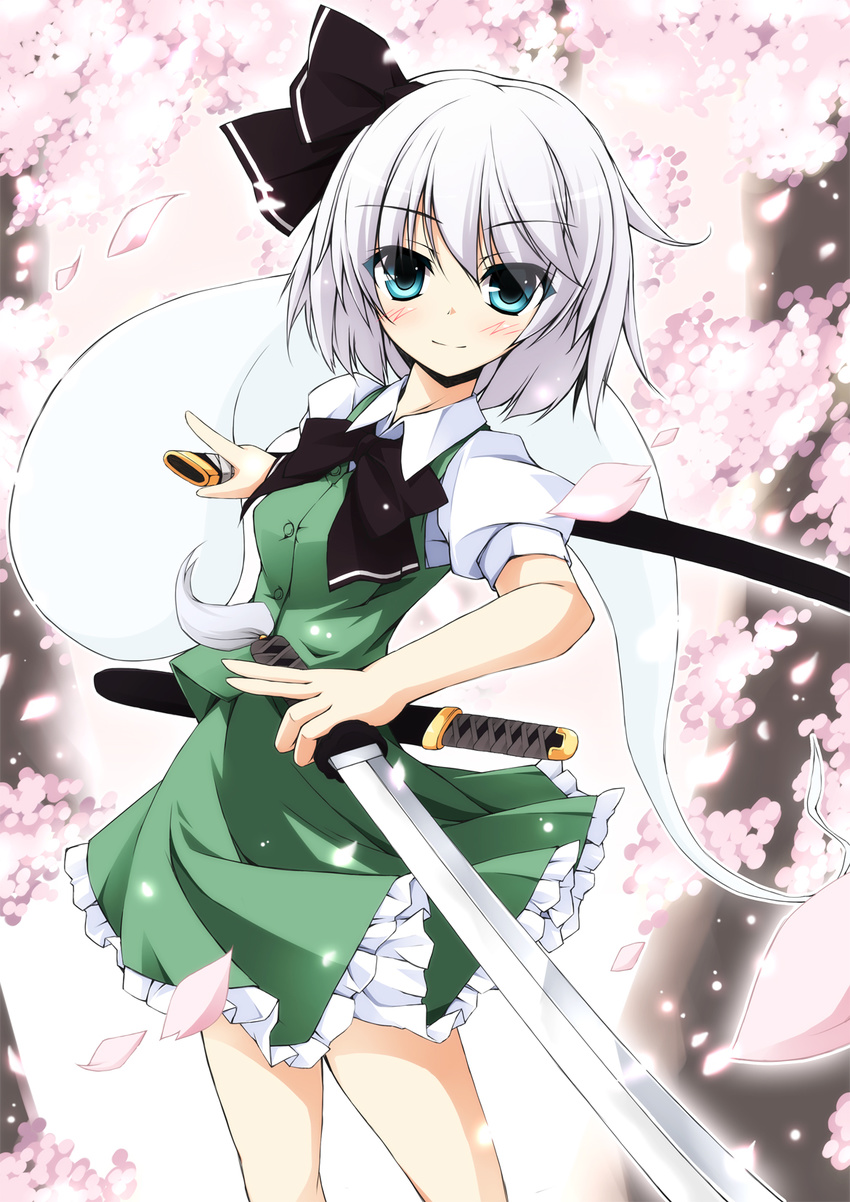 blush cherry_blossoms ghost green_eyes hair_ribbon highres hitodama kanzaki_sora katana konpaku_youmu konpaku_youmu_(ghost) looking_at_viewer ribbon scabbard sheath silver_hair smile solo sword tassel touhou weapon white_hair