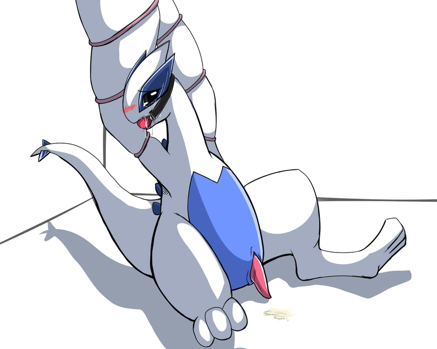 3_toes arms_above_head blush bound crying cum feral gagged grey_eyes katoa_shippo legendary_pok&#233;mon looking_at_viewer lugia male nintendo penis plain_background pok&#233;mon pokemon saliva solo spikes tapering_penis tears video_games