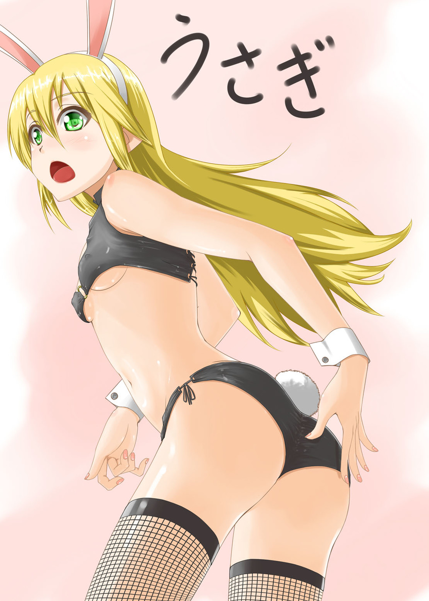 animal_ears arc_system_works ass bikini_bottom blazblue blonde_hair blush breasts bunny_ears bunny_tail erect_nipples female gradient gradient_background green_eyes highres kuramoto_keizou long_hair looking_back midriff nail_polish noel_vermillion open_mouth small_breasts solo surprise surprised tail thighhighs underboob