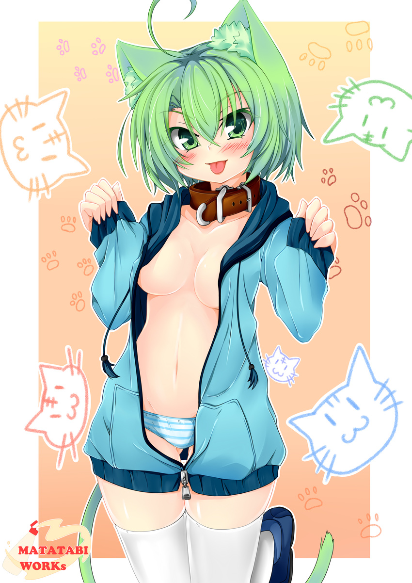 :3 :p absurdres ahoge animal_ears blush breasts cat_ears cat_tail collar dodome-iro_mayonnaise green_eyes green_hair groin highres hood hood_down hoodie navel no_bra no_pants open_clothes open_hoodie original panties paw_print sharon_(dodomayo) short_hair small_breasts solo striped striped_panties tail thigh_gap thighhighs tongue tongue_out underwear unzipped white_legwear zipper |_|