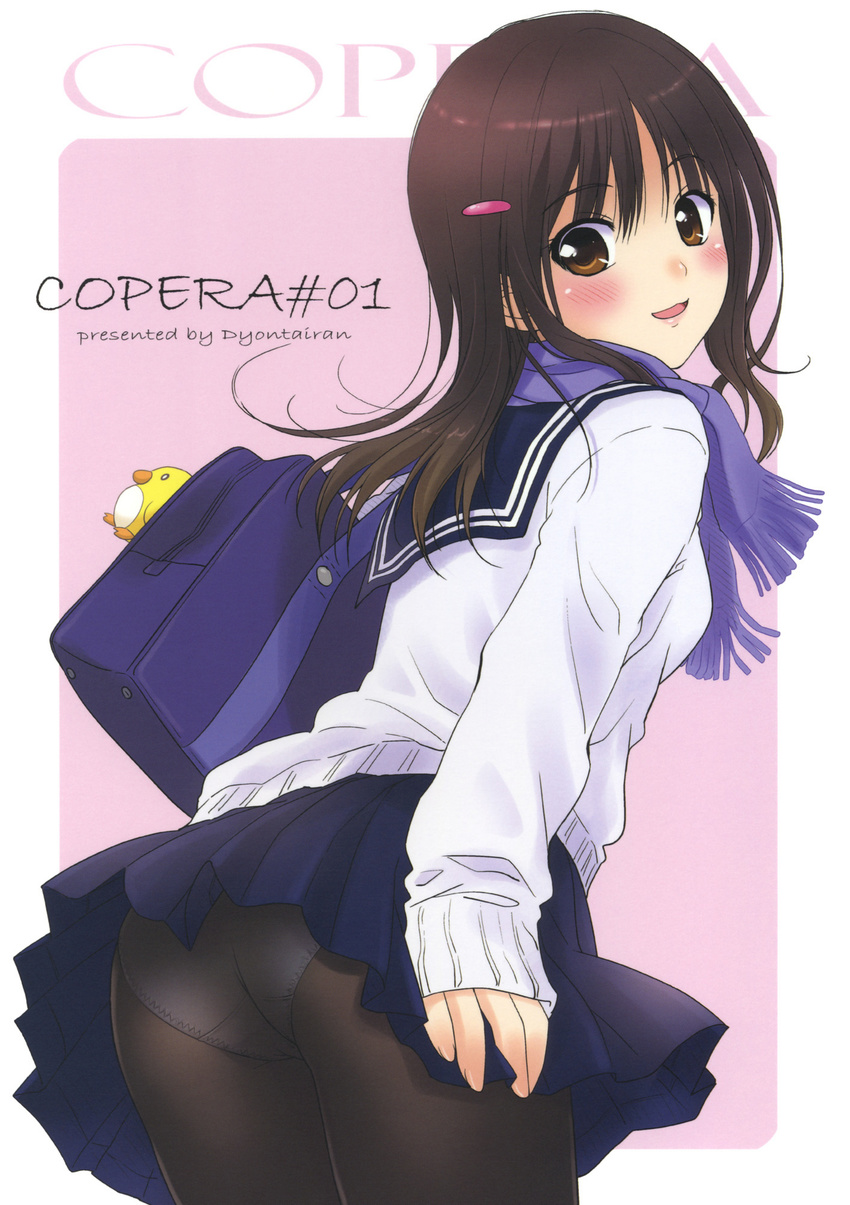 :3 ass bag black_legwear blush brown_eyes copyright_request hair_ornament hairclip highres looking_back nonohara_miki open_mouth panties panties_under_pantyhose pantyhose purple_scarf scarf school_bag school_uniform serafuku skirt smile solo sweater underwear upskirt