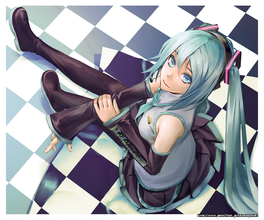 aqua_eyes aqua_hair bad_id bad_pixiv_id bare_shoulders blue_eyes blue_hair boots checkered checkered_floor detached_sleeves from_above hatsune_miku headset kibanda_gohan light_smile long_hair looking_up necktie sitting skirt solo thigh_boots thighhighs twintails very_long_hair vocaloid