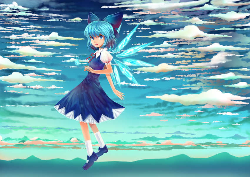 ascot blue_eyes blue_hair bow cirno cloud dress fatherland2009 hair_bow highres short_hair sky smile solo touhou wings