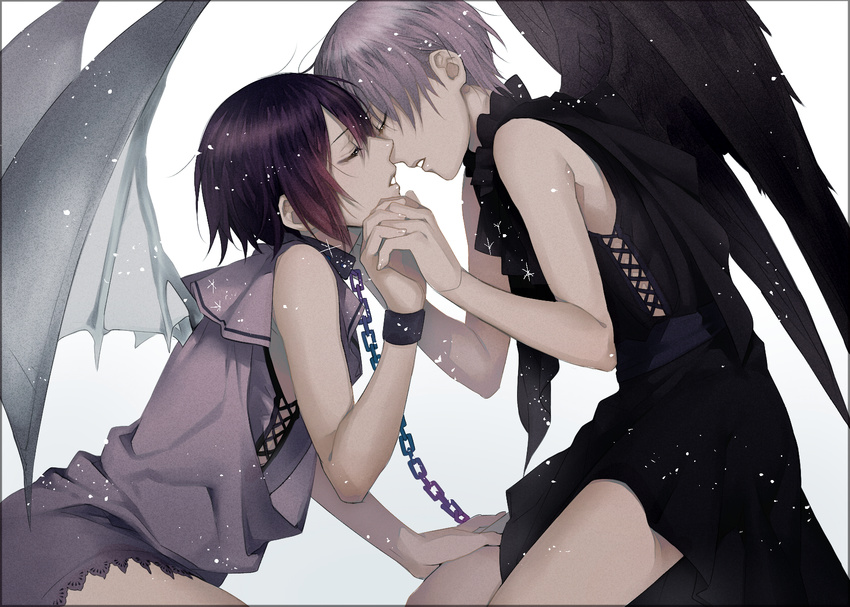 bad_id bad_pixiv_id bangs bare_arms bare_shoulders black_border black_dress black_hair black_wings border chain closed_eyes collar couple cowboy_shot cross-laced_clothes cuffs demon_wings dress face-to-face feathered_wings fingernails from_side grey_wings half-closed_eyes hand_on_another's_thigh hand_on_own_face highres holding_hands imminent_kiss interlocked_fingers kazari_tayu light_particles looking_at_another original parted_lips profile purple_dress purple_hair short_hair silver_hair sleeveless sparkle wings