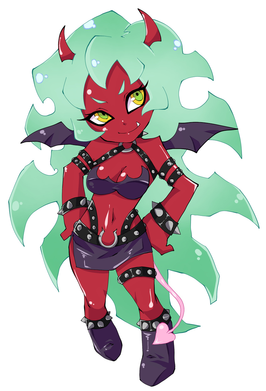 absurdres bare_shoulders bat_wings boots bracelet breasts cleavage demon_girl demon_tail fang full_body green_eyes green_hair hands_on_hips highres horns jewelry long_hair makai medium_breasts miniskirt navel official_style panty_&amp;_stocking_with_garterbelt red_skin scanty_(psg) side_slit skirt smile solo spiked_bracelet spikes tail thigh_strap very_long_hair wings yellow_eyes
