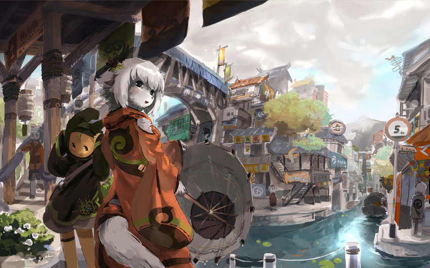 animal_ears boat bridge bunny extvia furry highres japanese_clothes multiple_girls oriental_umbrella original river road_sign scenery sign tail town umbrella village wallpaper watercraft wolf