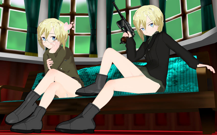 blonde_hair erica_hartmann glasses gun siblings sisters strike_witches twins ursula_hartmann weapon
