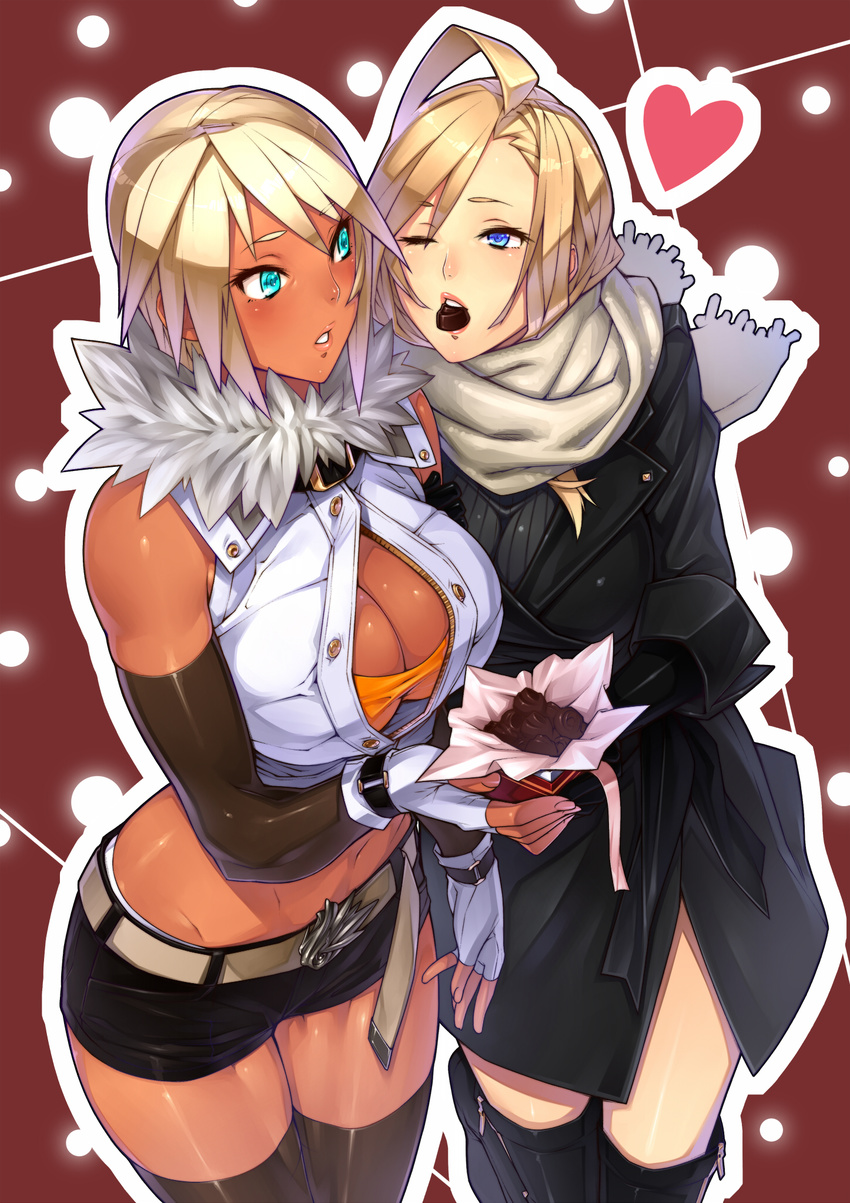 2girls ahoge ahoge_girl_(23) black_legwear blonde_hair blue_eyes boots box_of_chocolates breasts bursting_breasts chocolate cleavage couple dark-skinned_girl_(23) dark_skin fingerless_gloves gloves heart highres huge_breasts multiple_girls open_box open_gift original panties scarf short_hair shorts thigh_boots thighhighs underwear valentine white_panties yuri