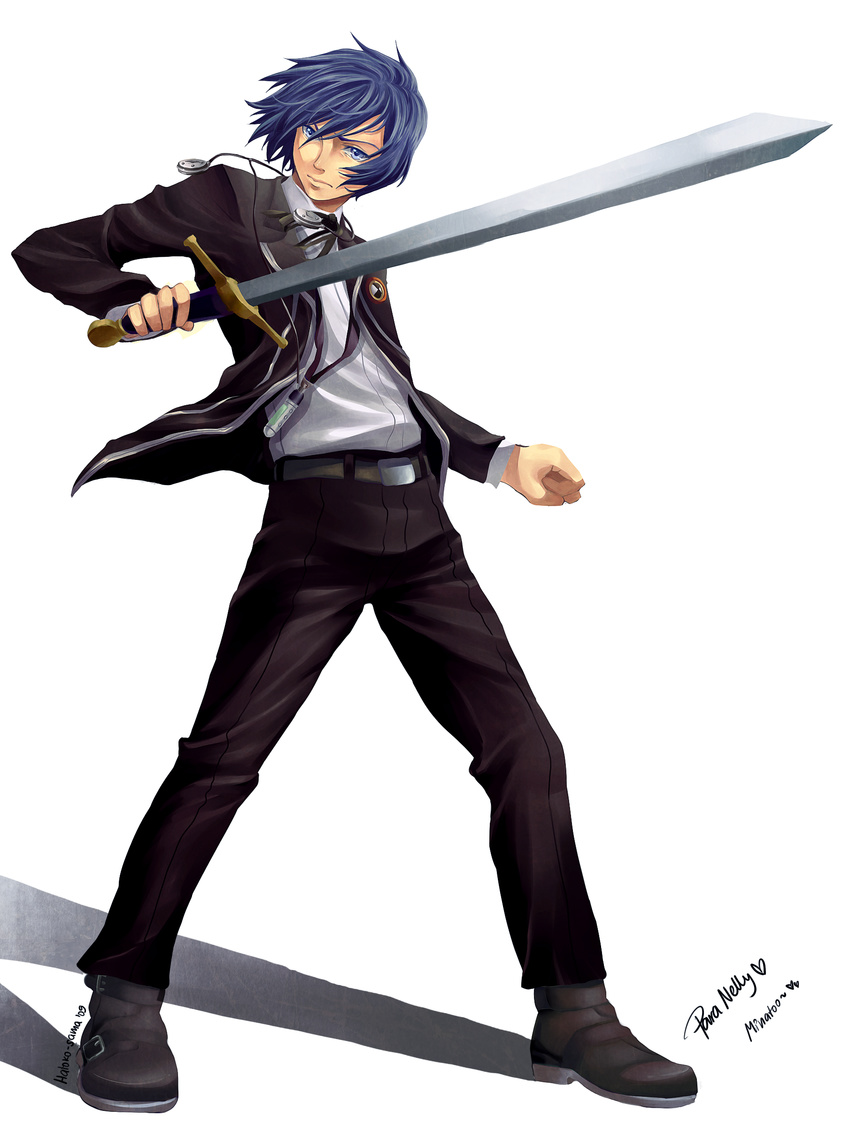 blue_eyes blue_hair digital_media_player hatoko-sama headphones highres male_focus persona persona_3 school_uniform solo sword weapon yuuki_makoto