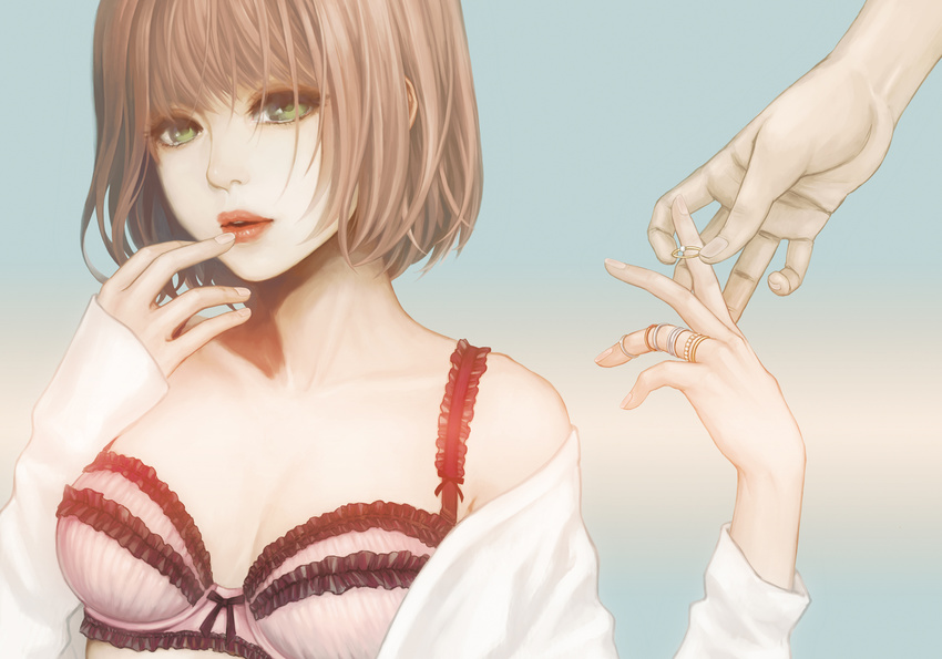 bra brown_hair frilled_bra frills green_eyes hand_to_own_mouth hands highres jewelry lingerie lips lipstick makeup original ring short_hair sifuri solo underwear