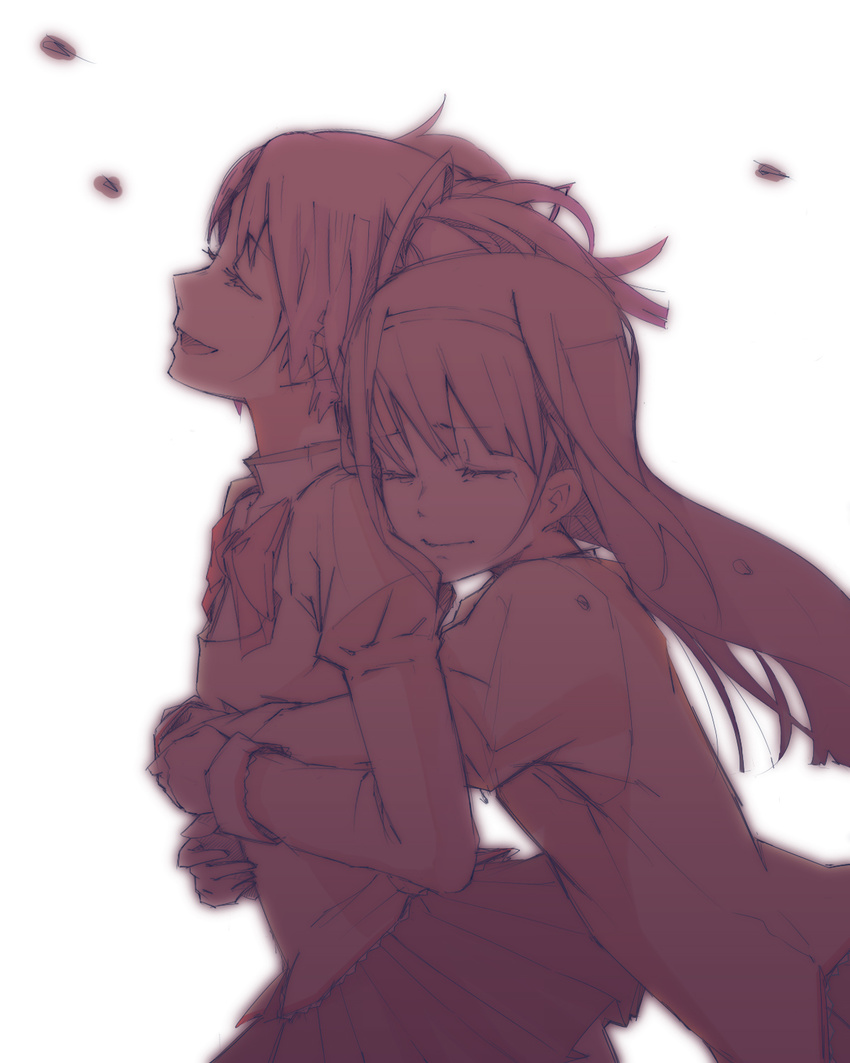 akemi_homura closed_eyes hairband highres hug hug_from_behind kaname_madoka long_hair mahou_shoujo_madoka_magica mitakihara_school_uniform monochrome multiple_girls pemu pleated_skirt school_uniform short_hair simple_background sketch skirt smile tears twintails