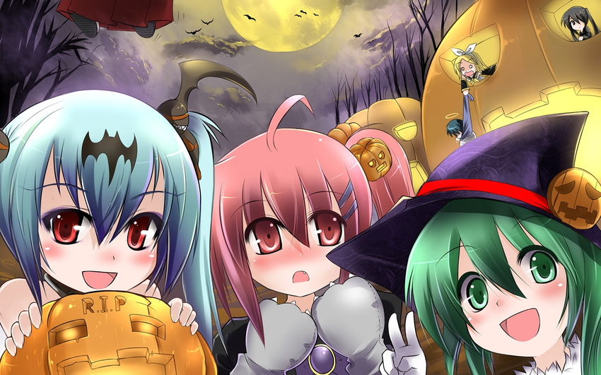 5girls bat bat_wings black_eyes black_hair black_rock_shooter_(character) blonde_hair blue_hair blush cat_paws catstudioinc_(punepuni) character_request chibi cosplay fang green_eyes green_hair hair_ribbon halloween halo hanging hat hatsune_miku kagamine_rin kaito moon multiple_girls night night_sky original paws pumpkin puni_(miku_plus) red_eyes red_hair ribbon sky tree twintails vocaloid wings