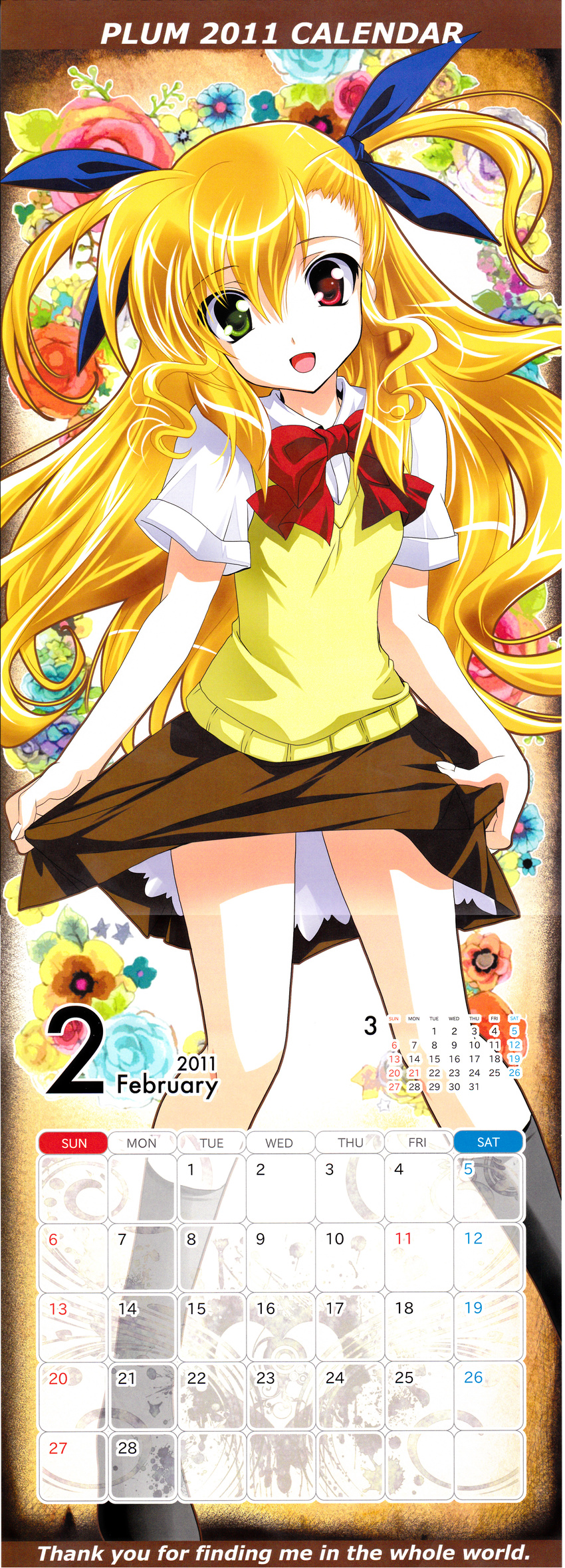 2011 :d absurdres blonde_hair calendar_(medium) heterochromia highres kanna_(plum) kneehighs long_hair lyrical_nanoha mahou_shoujo_lyrical_nanoha_vivid open_mouth smile solo sweater_vest two_side_up vivio