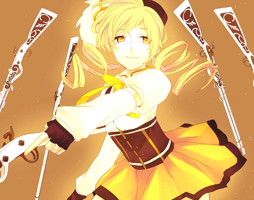 bad_id bad_pixiv_id beret blonde_hair detached_sleeves drill_hair fingerless_gloves gloves gun hair_ornament hairpin hat highres kyama light_particles long_hair magical_girl magical_musket mahou_shoujo_madoka_magica pleated_skirt puffy_sleeves ribbon rifle skirt solo tomoe_mami twin_drills twintails weapon yellow_eyes