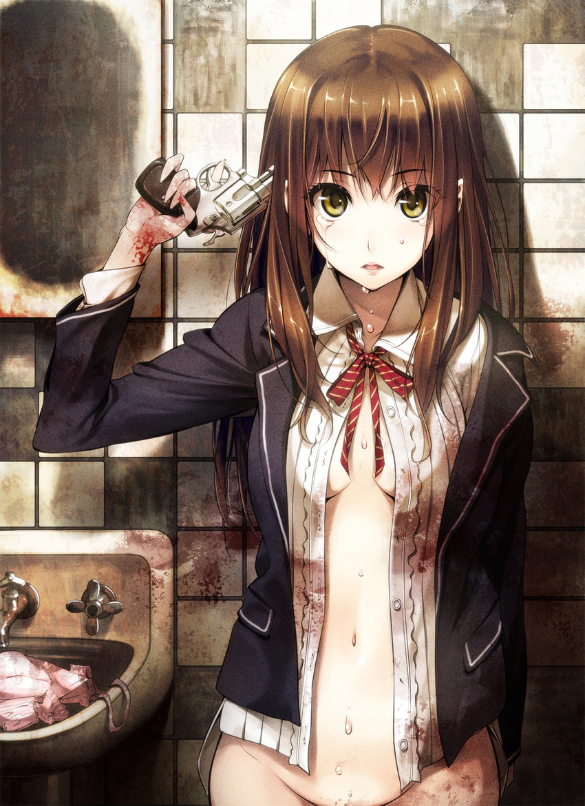 blazer blood blouse bottomless breasts brown_hair eyelashes groin gun gun_to_head handgun hands highres holding holding_gun holding_weapon ikeda_yasuhiro jacket lips long_hair looking_at_viewer navel no_bra open_clothes open_shirt original out-of-frame_censoring revolver school_uniform shirt sink small_breasts solo suicide tears tiles weapon yellow_eyes