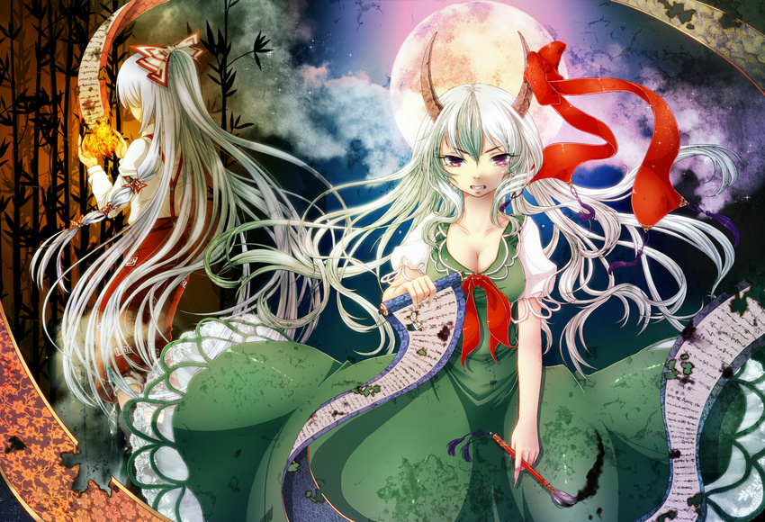 2girls bow dress fire fujiwara_no_mokou geike horns kamishirasawa_keine long_hair moon red_eyes ribbons tears touhou