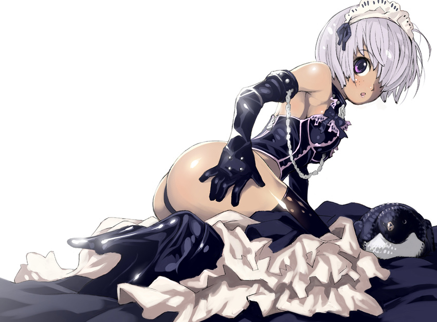 :o ass bad_id bad_pixiv_id bare_shoulders dark_skin freckles hair_over_one_eye haku_(sabosoda) high_heels maid_headdress open_mouth original purple_eyes purple_hair shoes short_hair solo