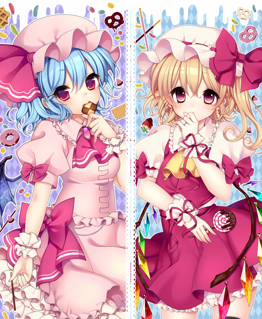 apollo_chocolate bad_id bad_pixiv_id bat_wings blonde_hair blue_hair candy checkerboard_cookie chocolate cookie crystal doughnut eating fang fingernails flandre_scarlet food fruit hand_to_own_mouth hands hat highres jelly_bean jewelry lollipop masaru.jp multiple_girls pink_eyes pinky_out pocky pretzel remilia_scarlet ring short_hair siblings sisters strawberry swirl_lollipop touhou wings wrist_cuffs