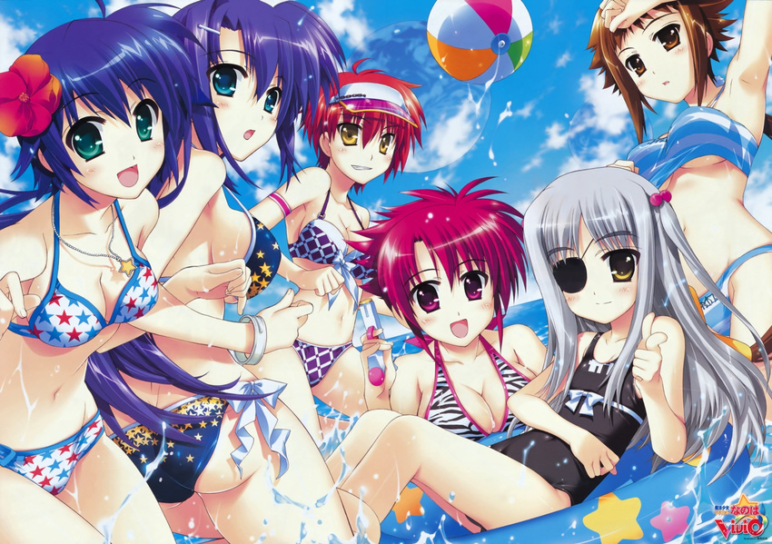 :d ass ball bandeau beachball bikini blue_hair breasts brown_hair cinque_(nanoha) cleavage dieci_(nanoha) eyepatch finger_gun flat_chest flower fujima_takuya ginga_nakajima hair_flower hair_ornament jewelry large_breasts lyrical_nanoha mahou_shoujo_lyrical_nanoha_vivid medium_breasts multiple_girls navel necklace nove_(nanoha) numbers_(nanoha) official_art one-piece_swimsuit open_mouth print_bikini red_hair scan siblings side-tie_bikini sideboob silver_hair sisters small_breasts smile star star_print striped striped_bikini striped_swimsuit subaru_nakajima swimsuit underboob visor_cap water_gun wendi_(nanoha)