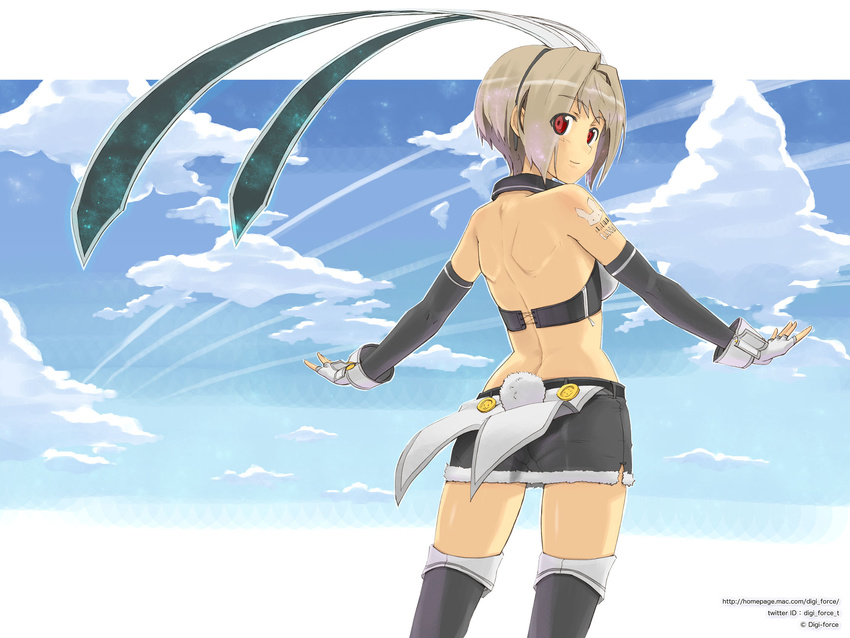 2011 animal_ears back barcode barcode_tattoo bare_back bunny_ears bunny_tail cloud copyright_request day elbow_gloves fingerless_gloves from_behind gloves highres kimura_shigetaka light_brown_hair looking_back midriff miniskirt new_year outstretched_arms red_eyes short_hair skirt sky smile solo spread_arms tail tattoo thighhighs