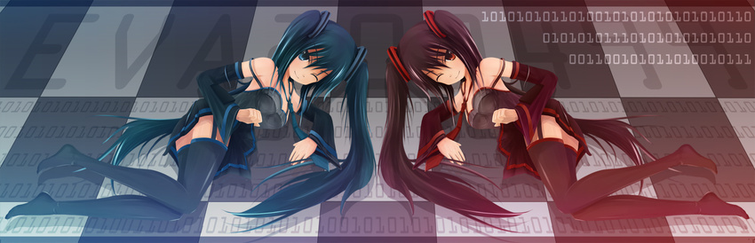 aqua_eyes aqua_hair banned_artist bare_shoulders binary black_hair checkered checkered_floor detached_sleeves eva200499 garter_straps hatsune_miku highres long_hair lying multiple_girls necktie one_eye_closed polar_opposites red_eyes skirt symmetry thighhighs twintails very_long_hair vocaloid zatsune_miku