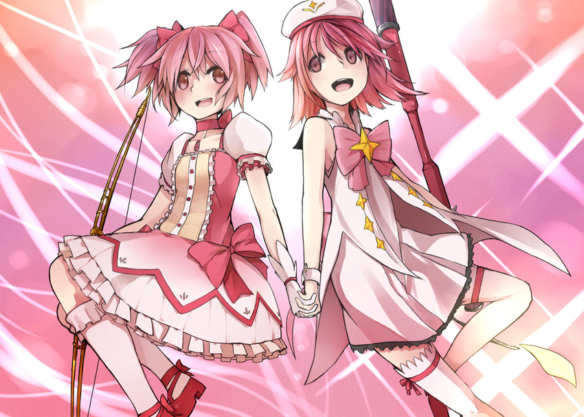 bad_id bad_pixiv_id beret bow bow_(weapon) crossover dress en@rain gloves hair_bow hat houkago_no_pleiades kaname_madoka look-alike mahou_shoujo_madoka_magica multiple_girls pink_bow pink_eyes pink_hair subaru_(houkago_no_pleiades) thighhighs twintails weapon