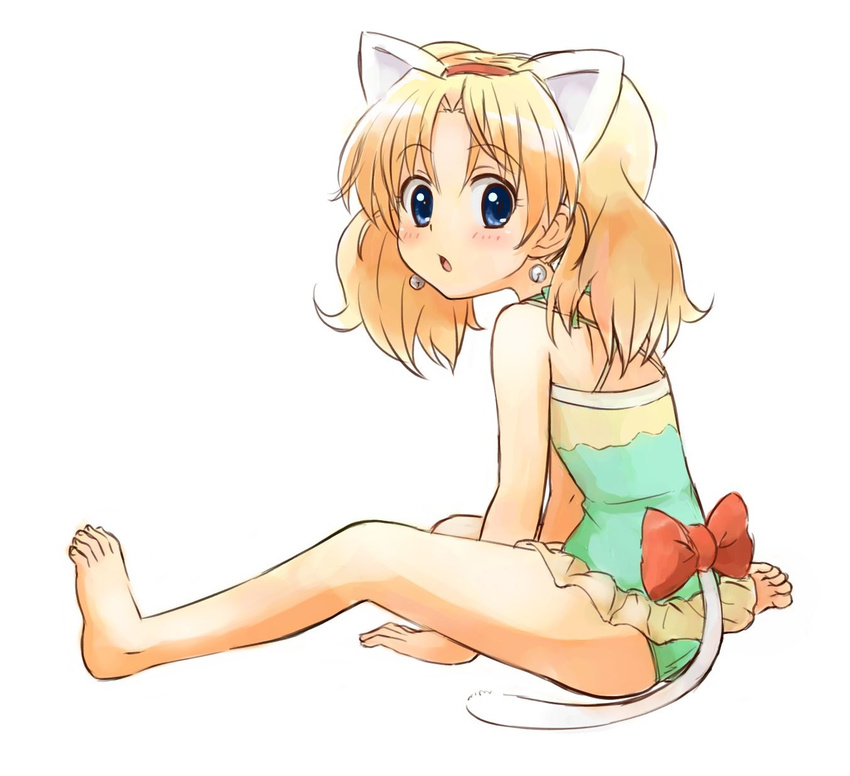 :o animal_ears bare_legs bare_shoulders barefoot bell blonde_hair blue_eyes blush casual_one-piece_swimsuit cat_ears cat_tail earrings feet full_body highres jewelpet_(series) jewelpet_twinkle jewelry kemonomimi_mode looking_back miria_marigold_mackenzie nyama one-piece_swimsuit ribbon short_hair simple_background sitting solo swimsuit tail