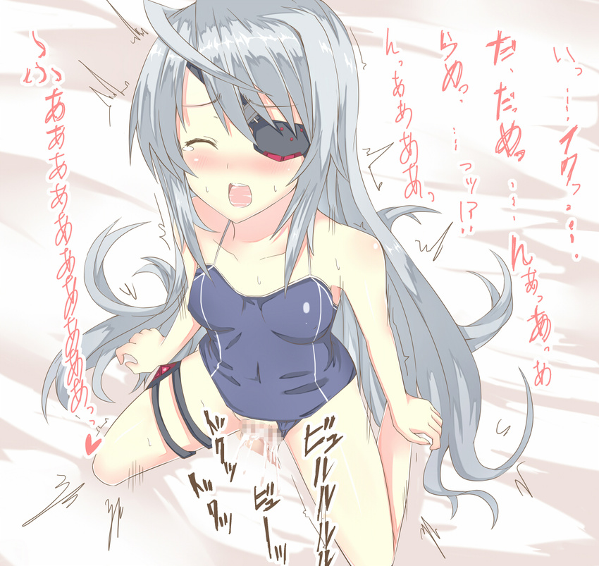 1girl blush censored closed_eyes cum ejaculation eyepatch infinite_stratos kneeling kurifuto laura_bodewig long_hair open_mouth orgasm penis sex silver_hair solo_focus tears translated vaginal