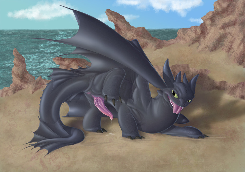 dragon feral grey_body how_to_train_your_dragon male night_fury penis scalie solo toothless wings