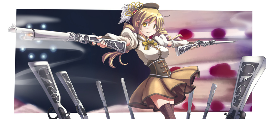 bad_id bad_pixiv_id beret blonde_hair boots brown_legwear detached_sleeves drill_hair dual_wielding field_of_blades fingerless_gloves foreshortening gloves gun hair_ornament hairpin hat highres holding long_hair magical_girl magical_musket mahou_shoujo_madoka_magica oda_masaki_(b-minor) outstretched_arms perspective planted_weapon pleated_skirt puffy_sleeves ribbon rifle skirt solo spread_arms striped striped_legwear thighhighs tomoe_mami twin_drills twintails vertical-striped_legwear vertical_stripes weapon witch's_labyrinth yellow_eyes zettai_ryouiki