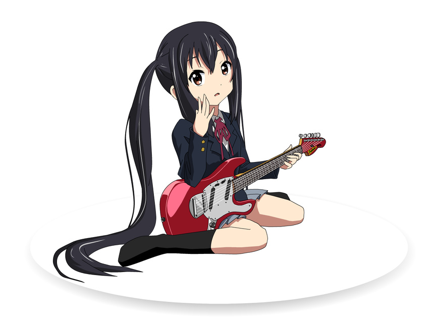 black_hair brown_eyes guitar imaichi_moenai_ko instrument k-on! knives_(knives777) kobe_shinbun long_hair nakano_azusa parody school_uniform sitting solo twintails wariza