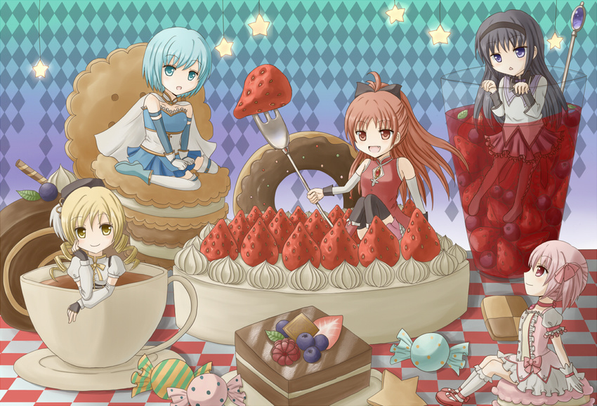 827117117 akemi_homura beret black_hair blonde_hair blue_eyes blue_hair bow cake candy cape cookie drill_hair fingerless_gloves food fruit gloves hair_bow hair_ornament hair_ribbon hairband hat kaname_madoka long_hair magical_girl mahou_shoujo_madoka_magica miki_sayaka multiple_girls pantyhose pink_hair ponytail puffy_sleeves purple_eyes red_eyes red_hair ribbon sakura_kyouko short_hair short_twintails strawberry sweets tea thighhighs tomoe_mami twintails